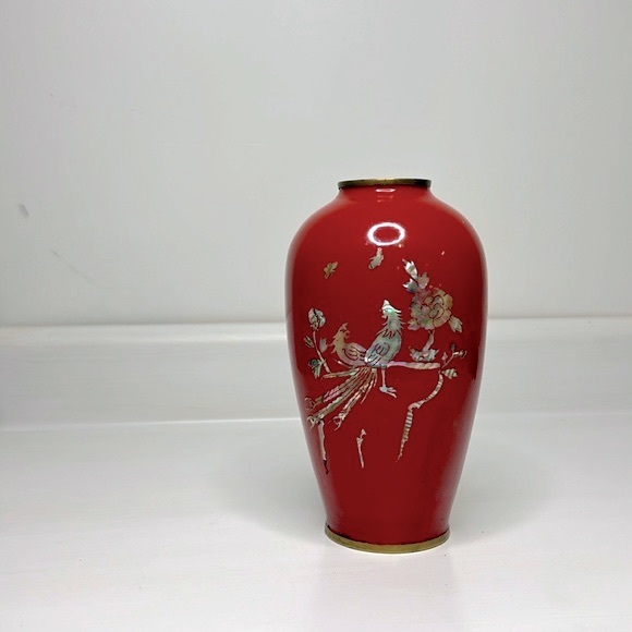 Vintage 🦤 Korean Red Lacquer Brass Vase Mother of Pearl Inlay Phoenix Bird - Picture 12 of 16